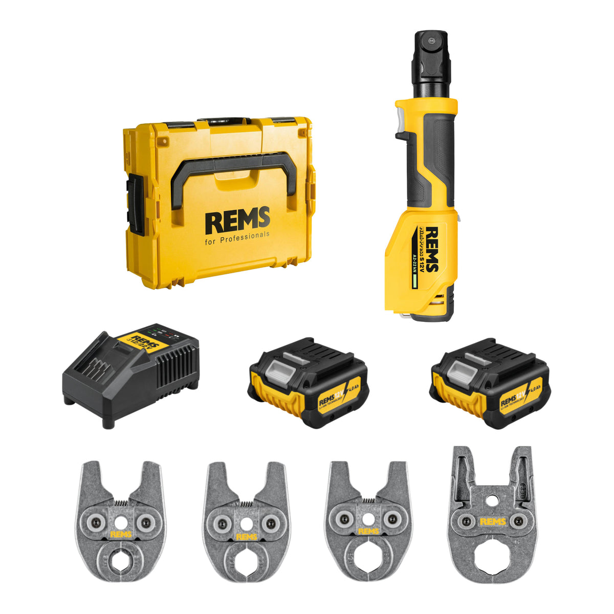 REMS 401090 Mini-Press S 12v A2-22kN 4-Tong Kit (2x4Ah)
