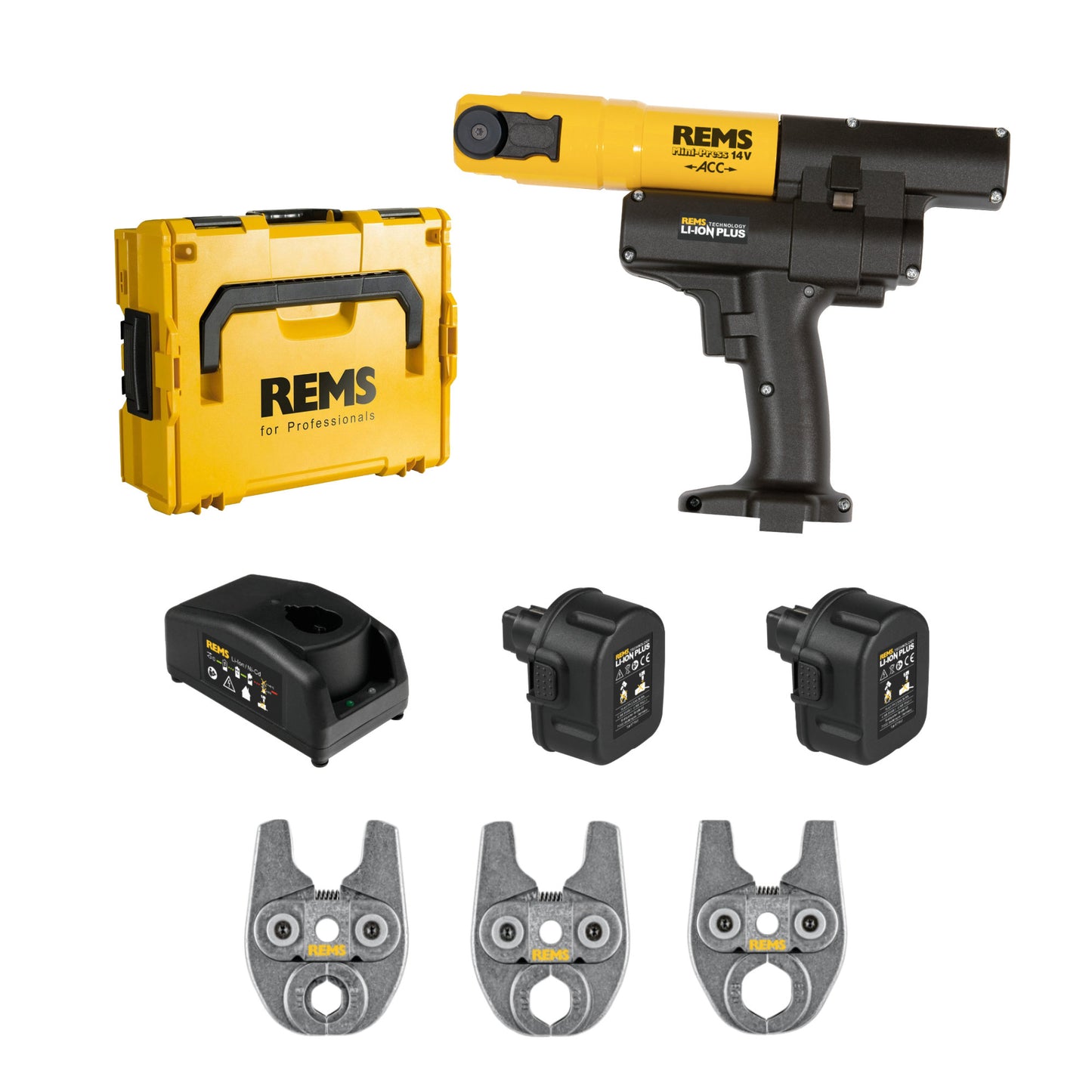 REMS 578013X03 Mini-Press 14.4v ACC 3-Tong Kit + FREE gift (2x2.5Ah)